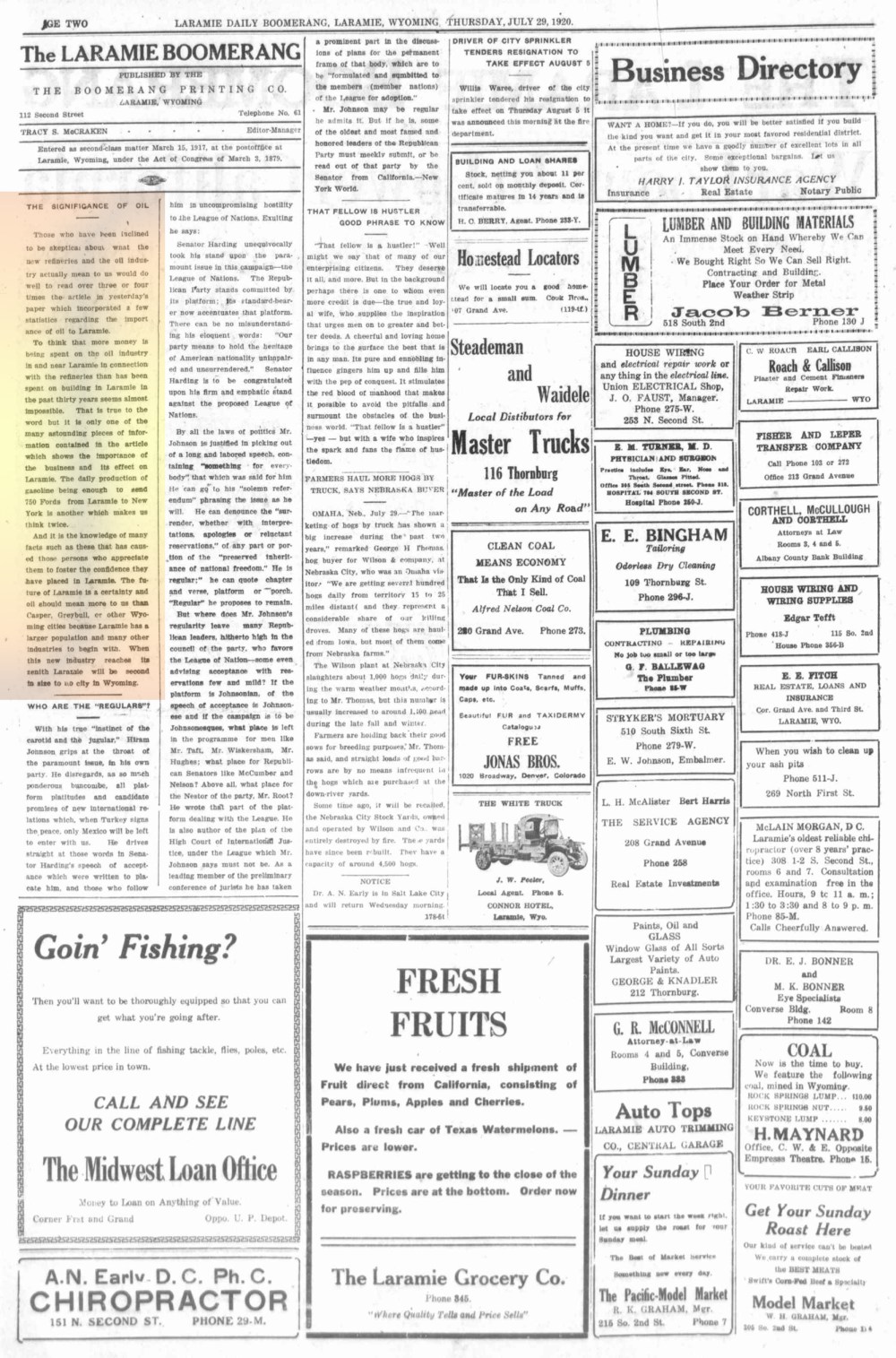 Laramie Boomerang 28thJuly1920, Page 2