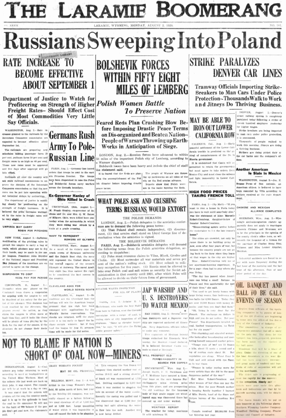 Laramie Boomerang 2ndAugust1920, page 1.