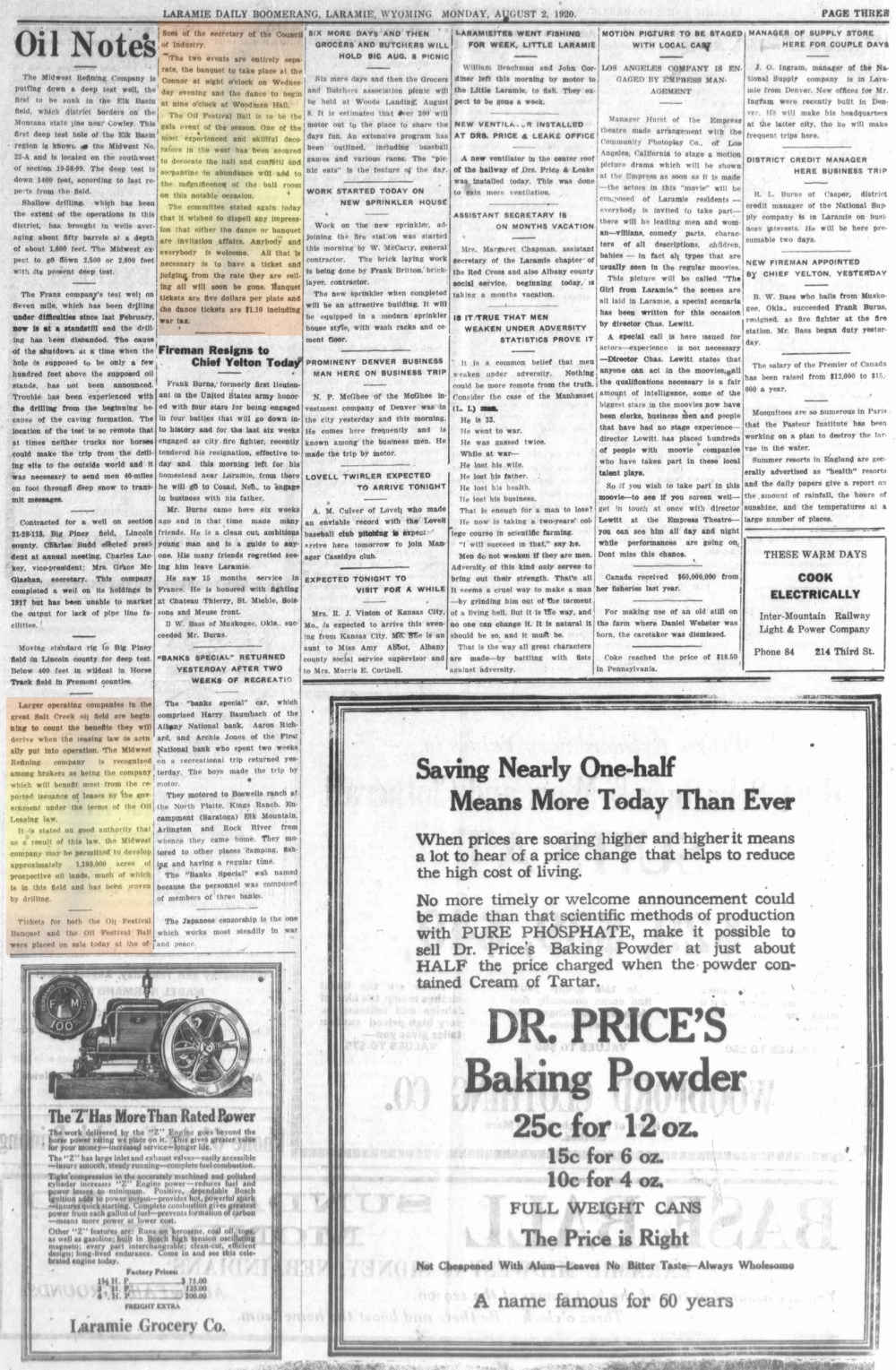 Laramie Boomerang 2ndAugust1920, page 3