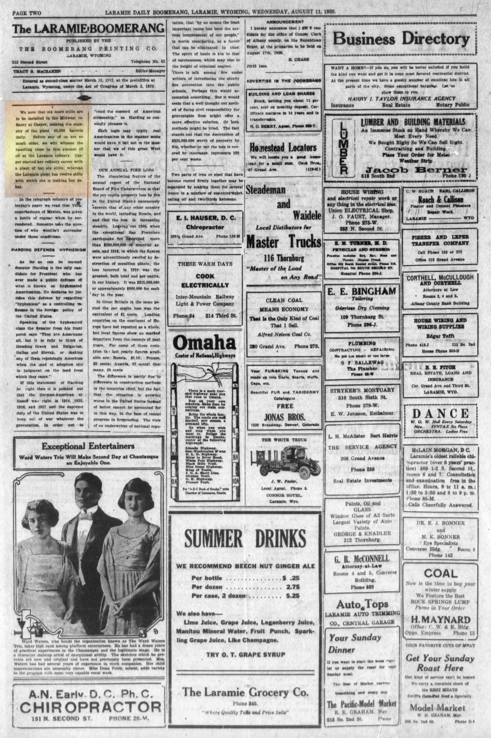 Laramie Boomerang 11thAugust1920 page 2.
