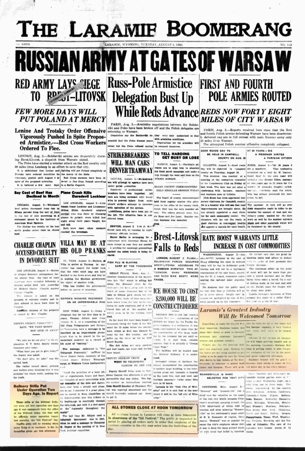 Laramie Boomerang 3rdAugust1920, page 1