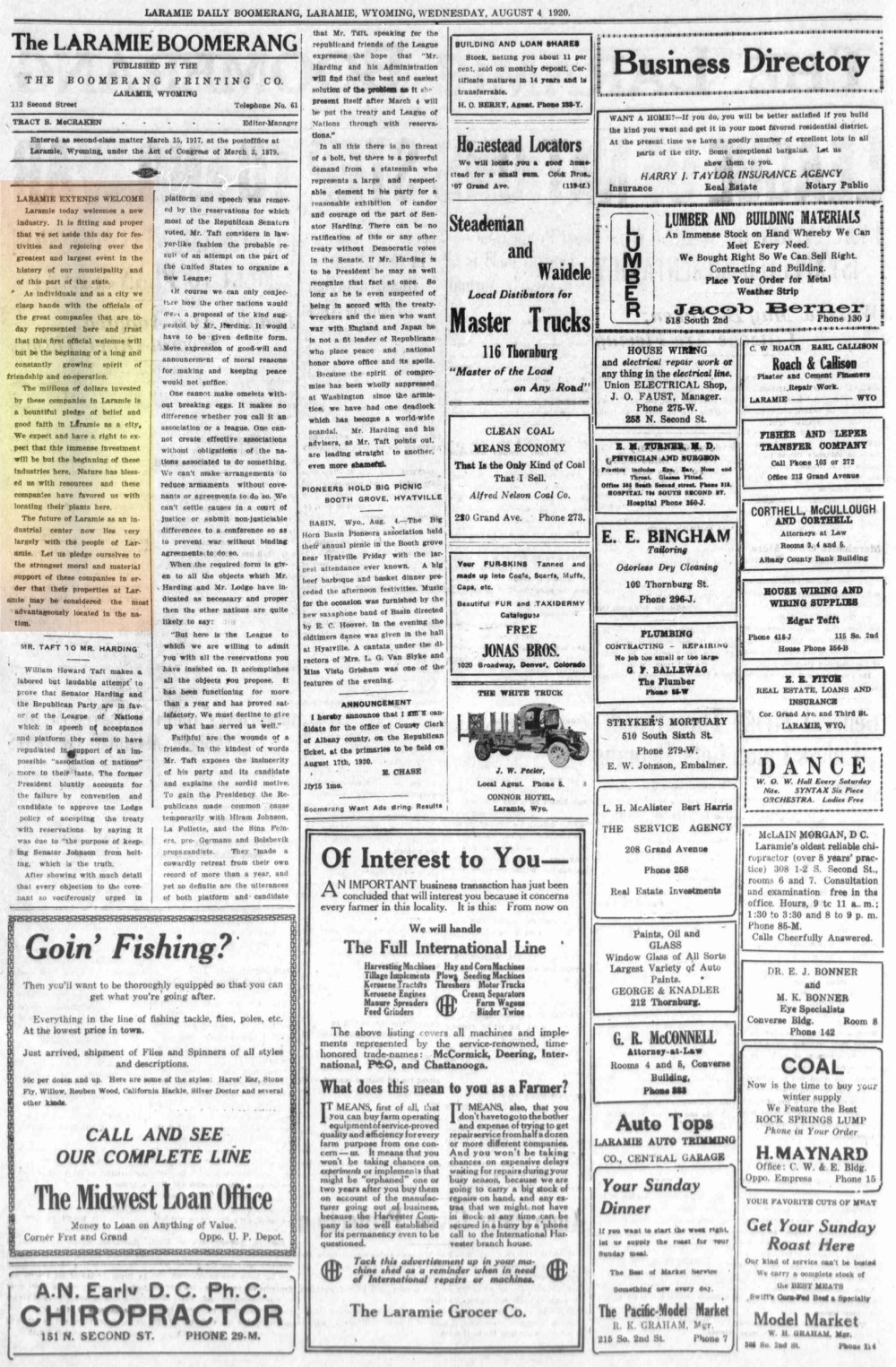 Laramie Boomerang 4thAugust1920, page 2.