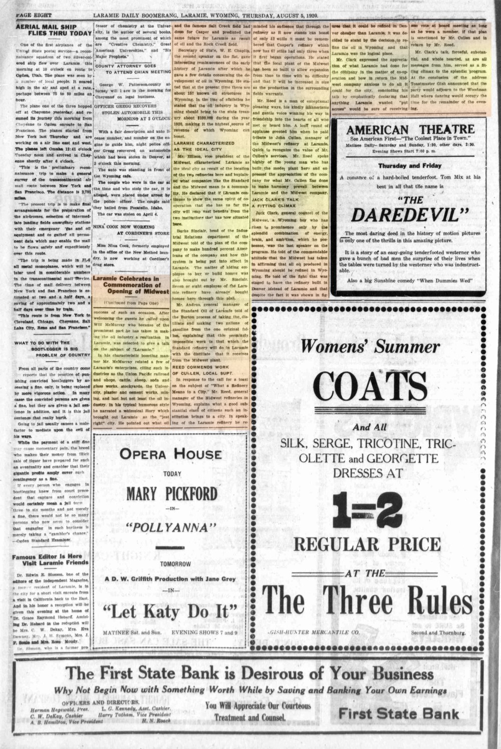 Laramie Boomerang 5thAugust1920, page 8.