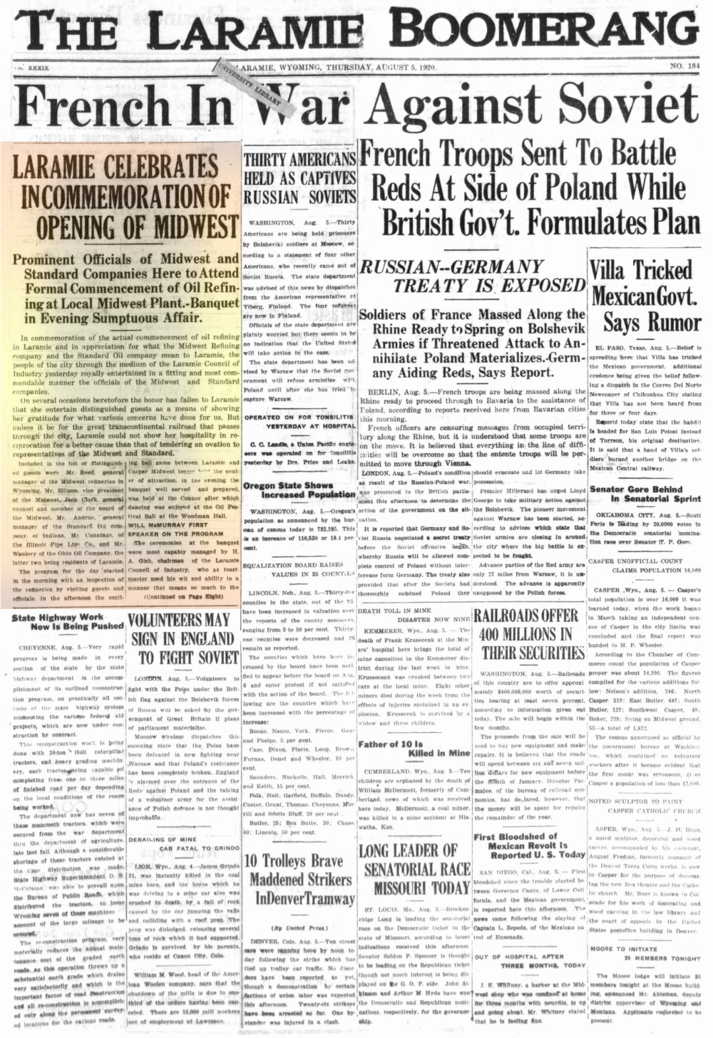 Laramie Boomerang 5thAugust1920, page 1.