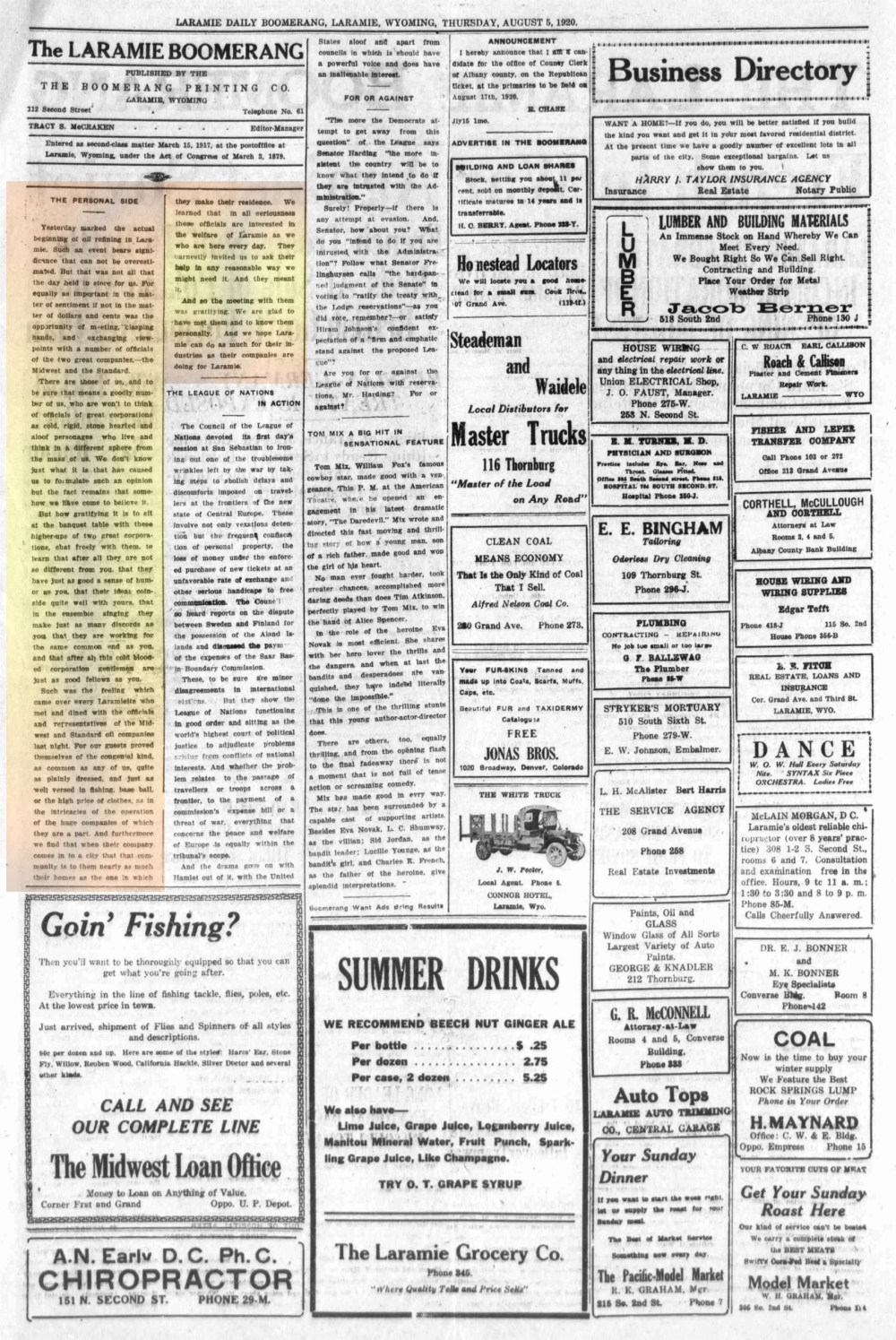 Laramie Boomerang 5thAugust1920, page 2.