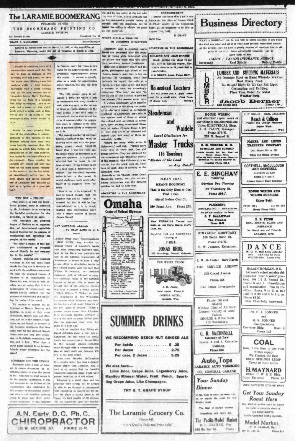 Laramie Boomerang 6thAugust1920.