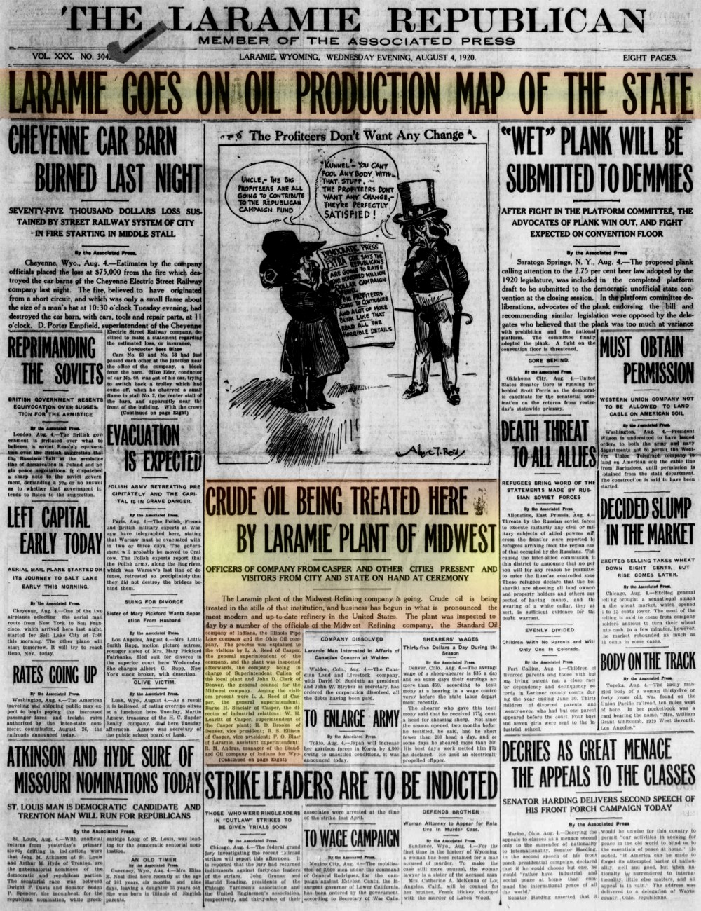Laramie Republican 4thAugust1920, page 1.