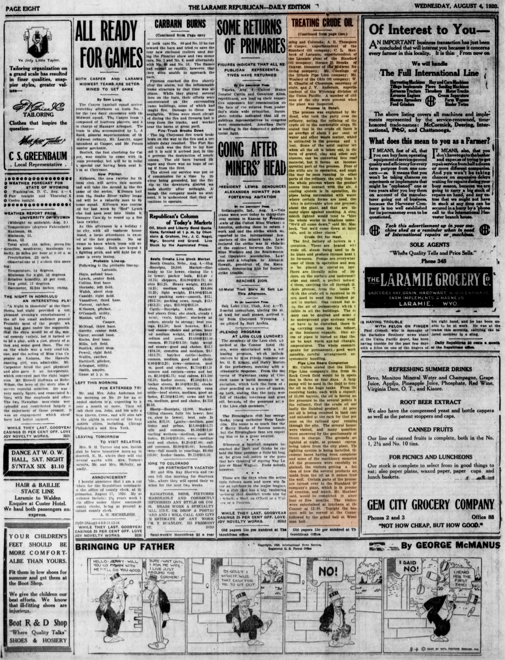 Laramie Republican 4thAugust1920, page 8.