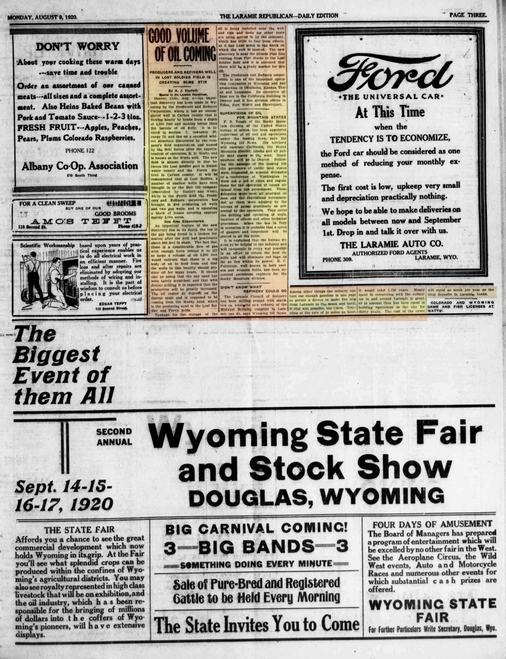 Laramie Republican 9thAugust1920 page 3.