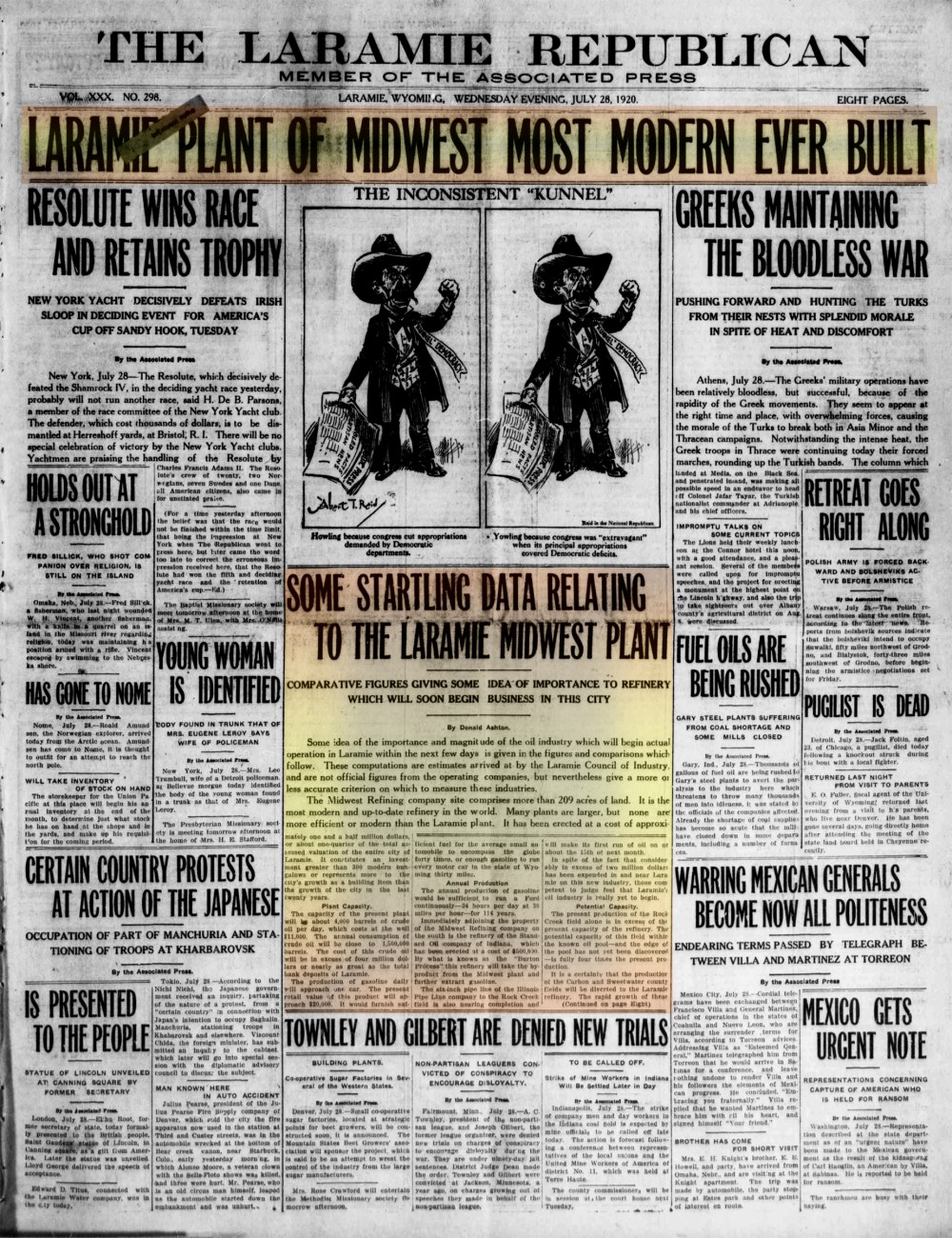 Laramie Republican 28thJuly1920, Page 1. 